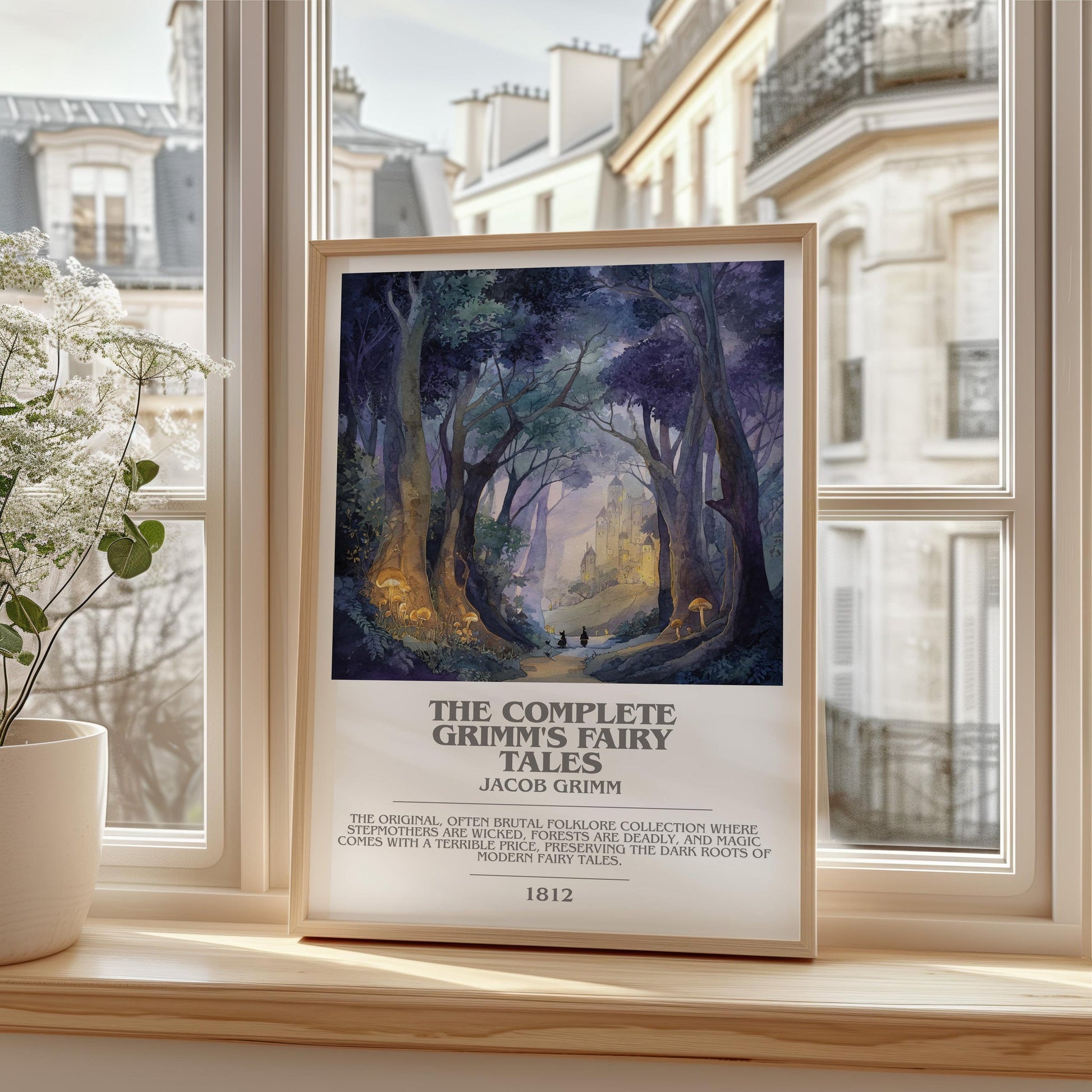 The Complete Grimm's Fairy Tales bookish print framed by window – literary home decor