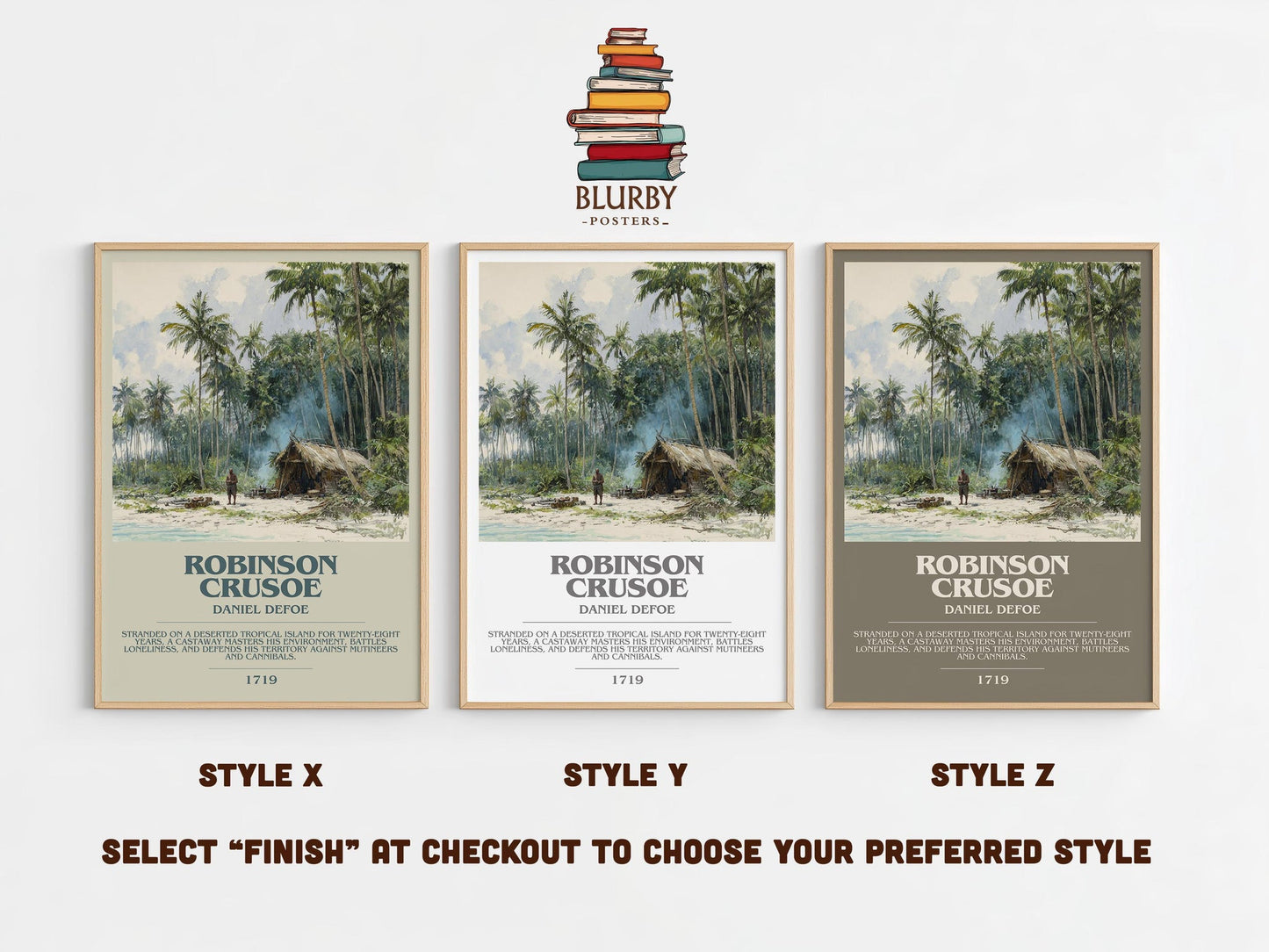 Robinson Crusoe bookish poster colour and style options – Daniel Defoe book art