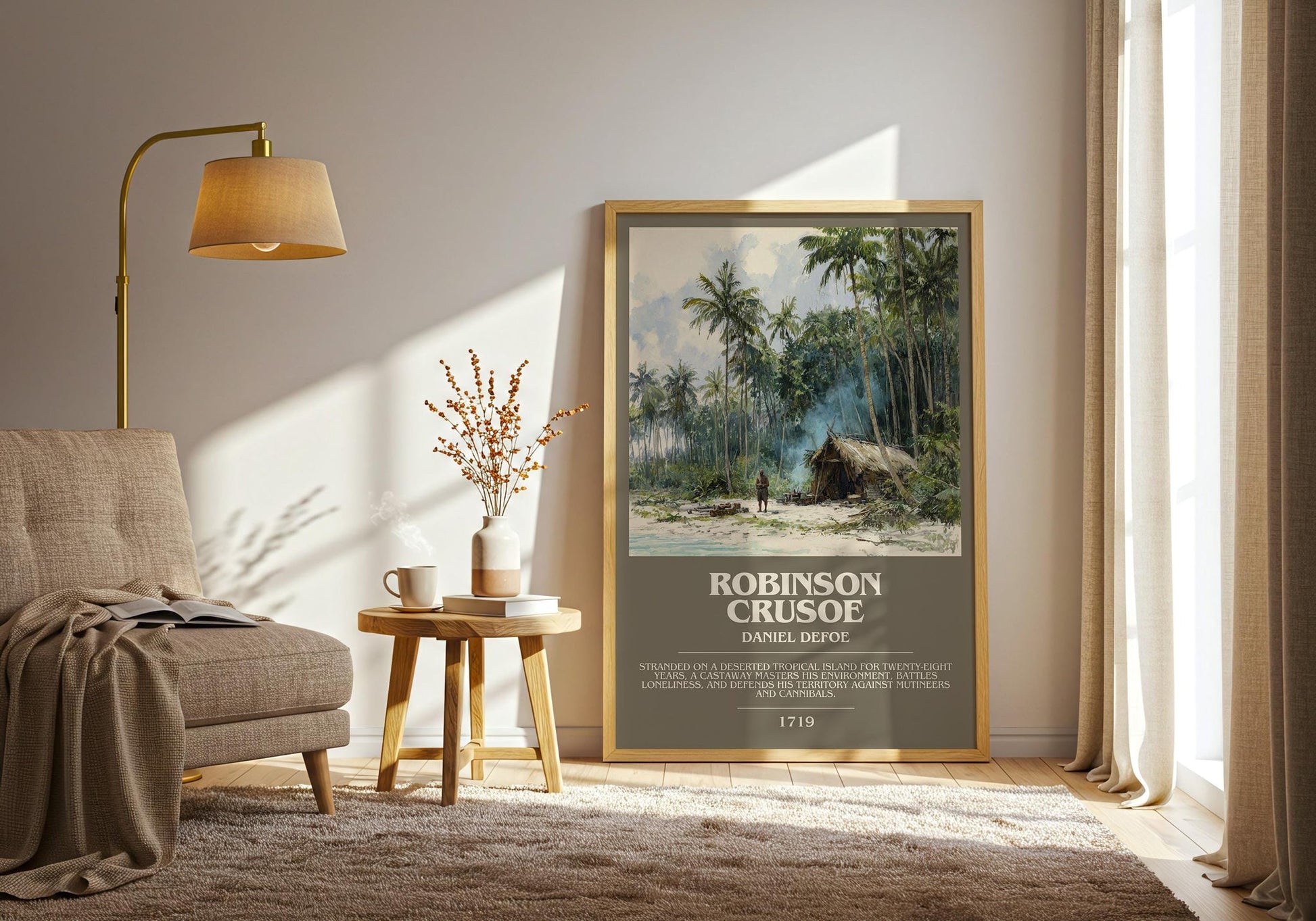 Robinson Crusoe bookish print on bookshelf – Daniel Defoe fan gift