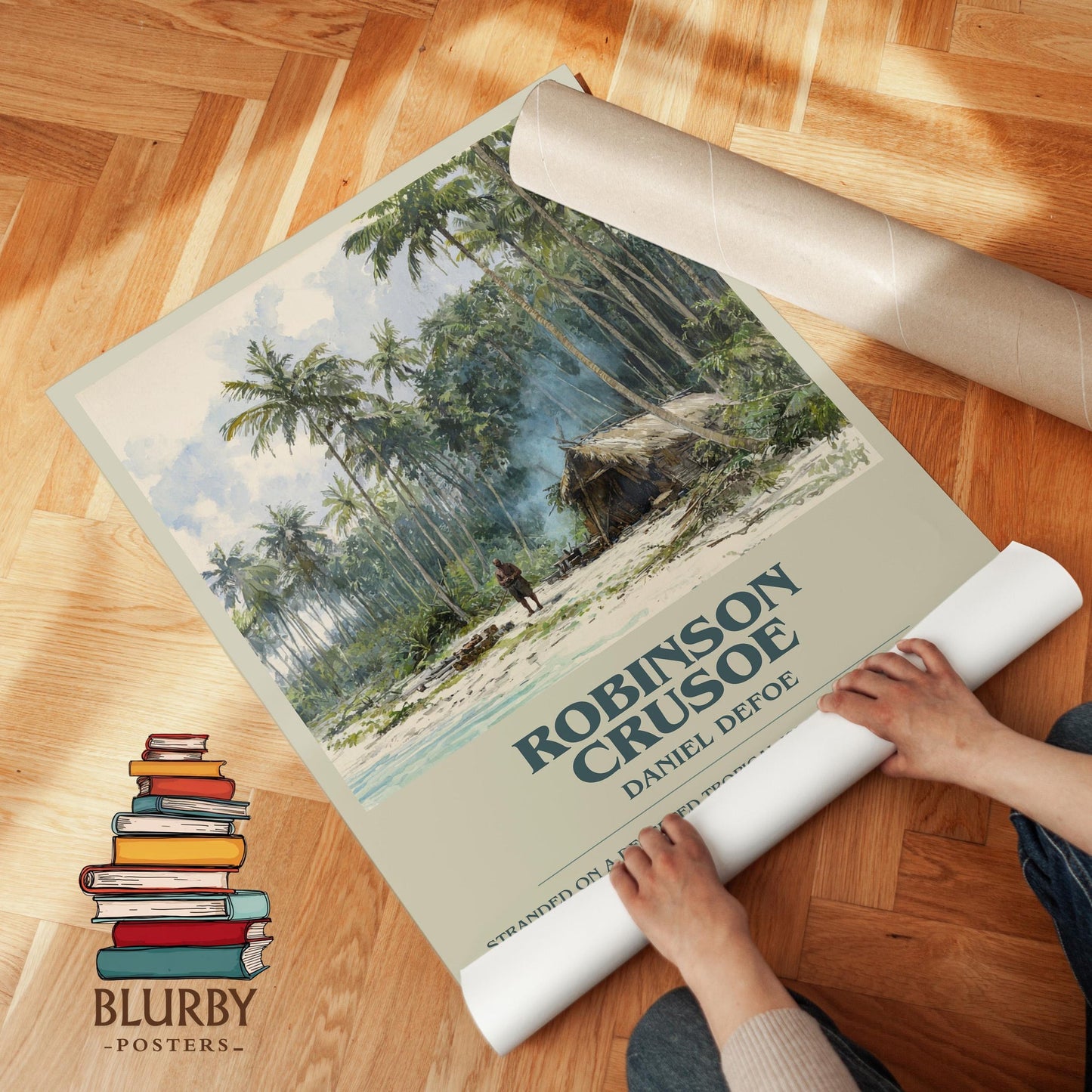 Robinson Crusoe book poster packaging – museum-quality print rolled in protective tube