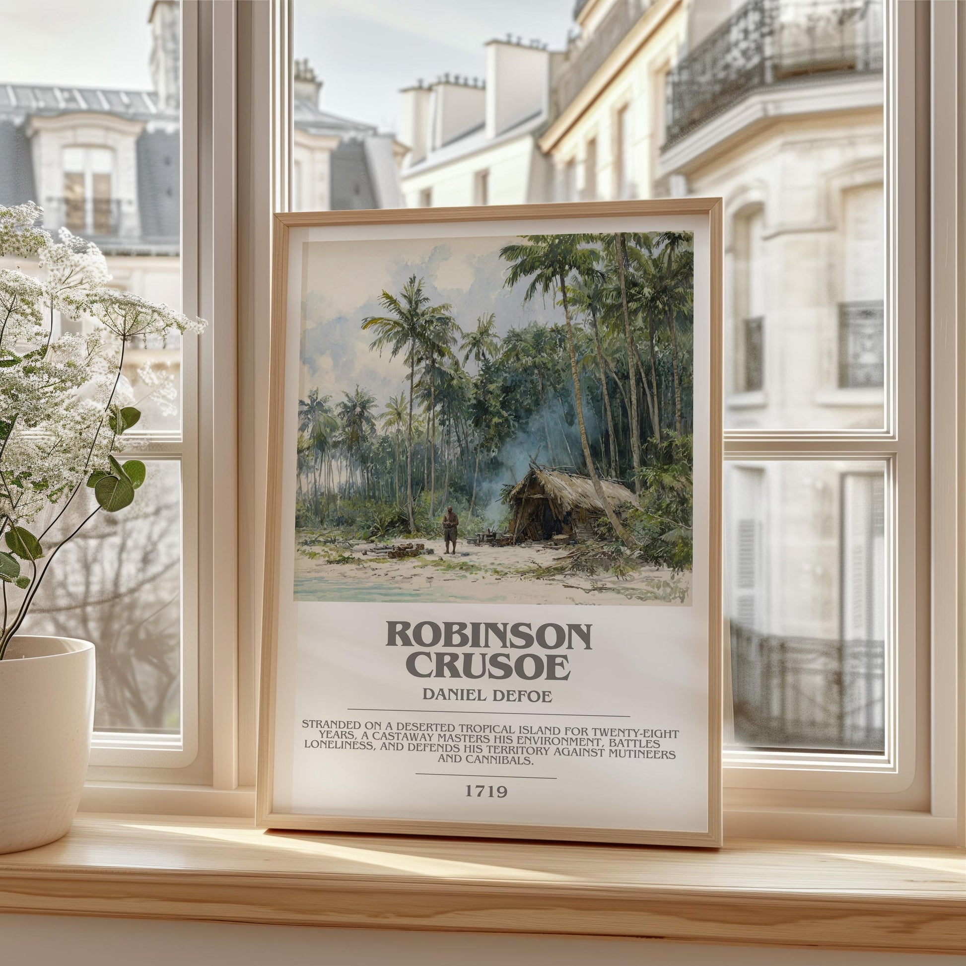 Robinson Crusoe bookish print framed by window – literary home decor