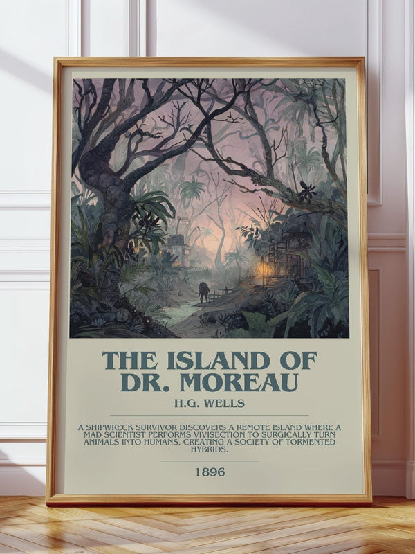 The Island Of Dr. Moreau bookish print in frame leaning in hallway – adventure wall art