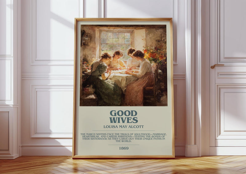 Good Wives bookish print in frame leaning in hallway – adventure wall art