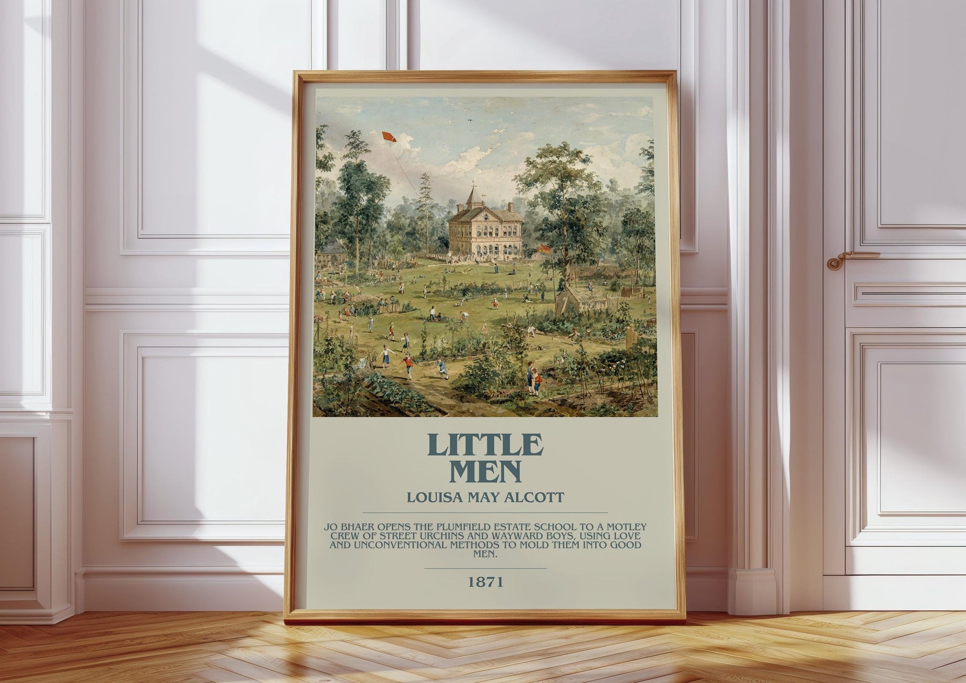 Little Men bookish print in frame leaning in hallway – classic literature wall art