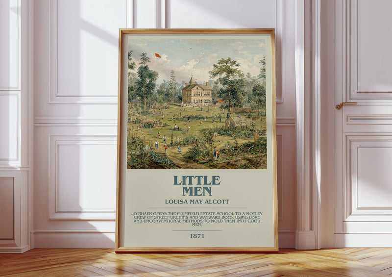 Little Men bookish print in frame leaning in hallway – classic literature wall art