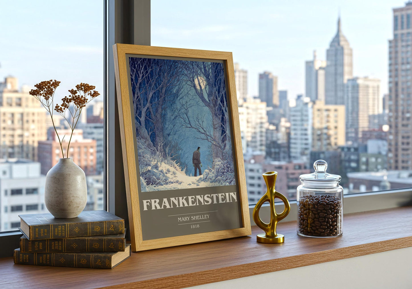 Frankenstein book cover print framed by window – literary home decor