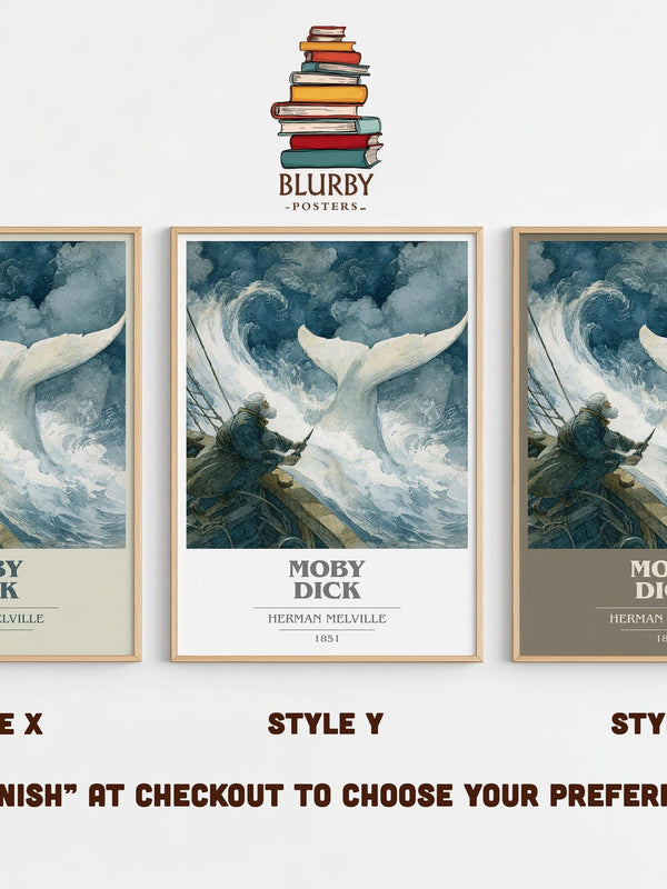 Moby Dick book cover print in frame leaning in hallway – gothic wall art