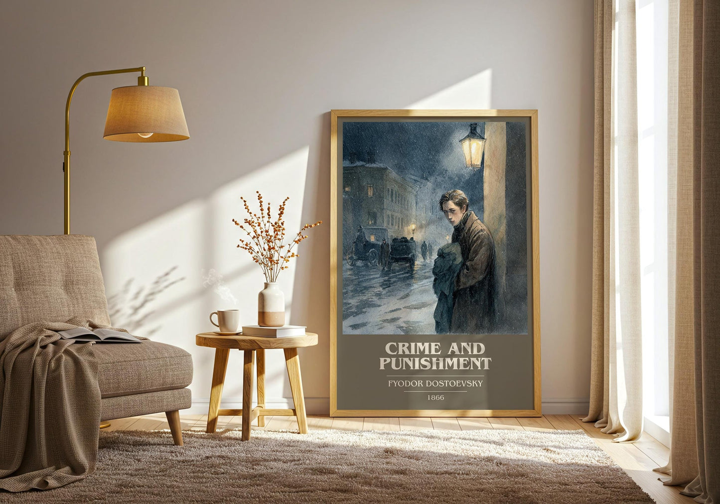 Crime And Punishment book cover print on bookshelf – Fyodor Dostoevsky fan gift