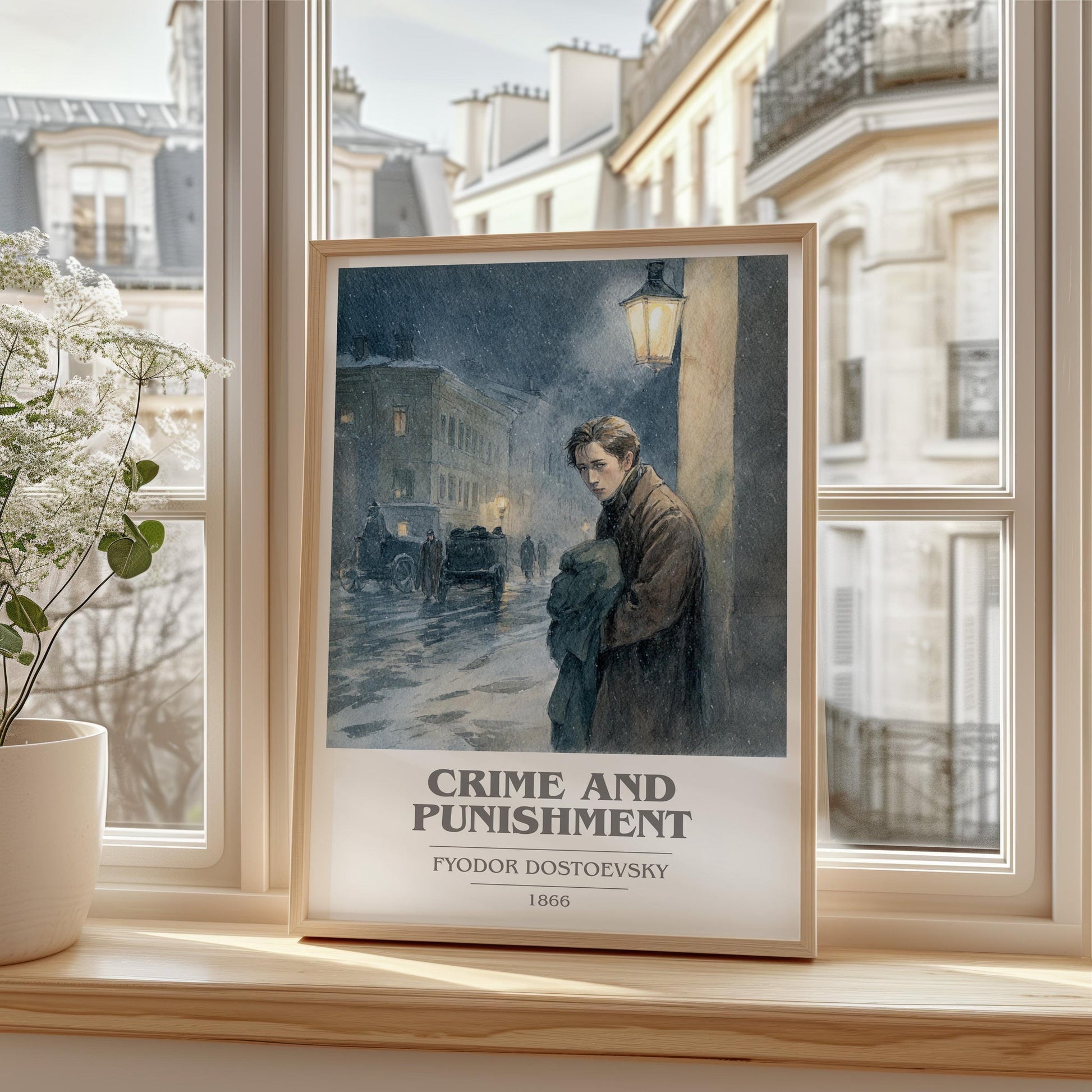 Crime And Punishment book cover print framed by window – literary home decor