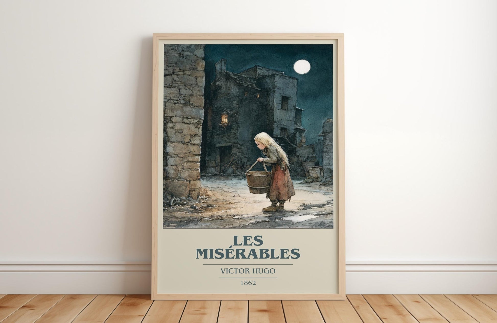 Les Misérables book cover print in frame leaning in hallway – classic literature wall art