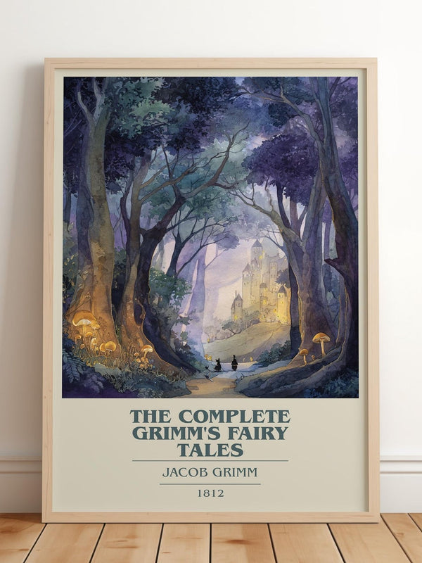 The Complete Grimm's Fairy Tales book cover print in frame leaning in hallway – classic literature wall art