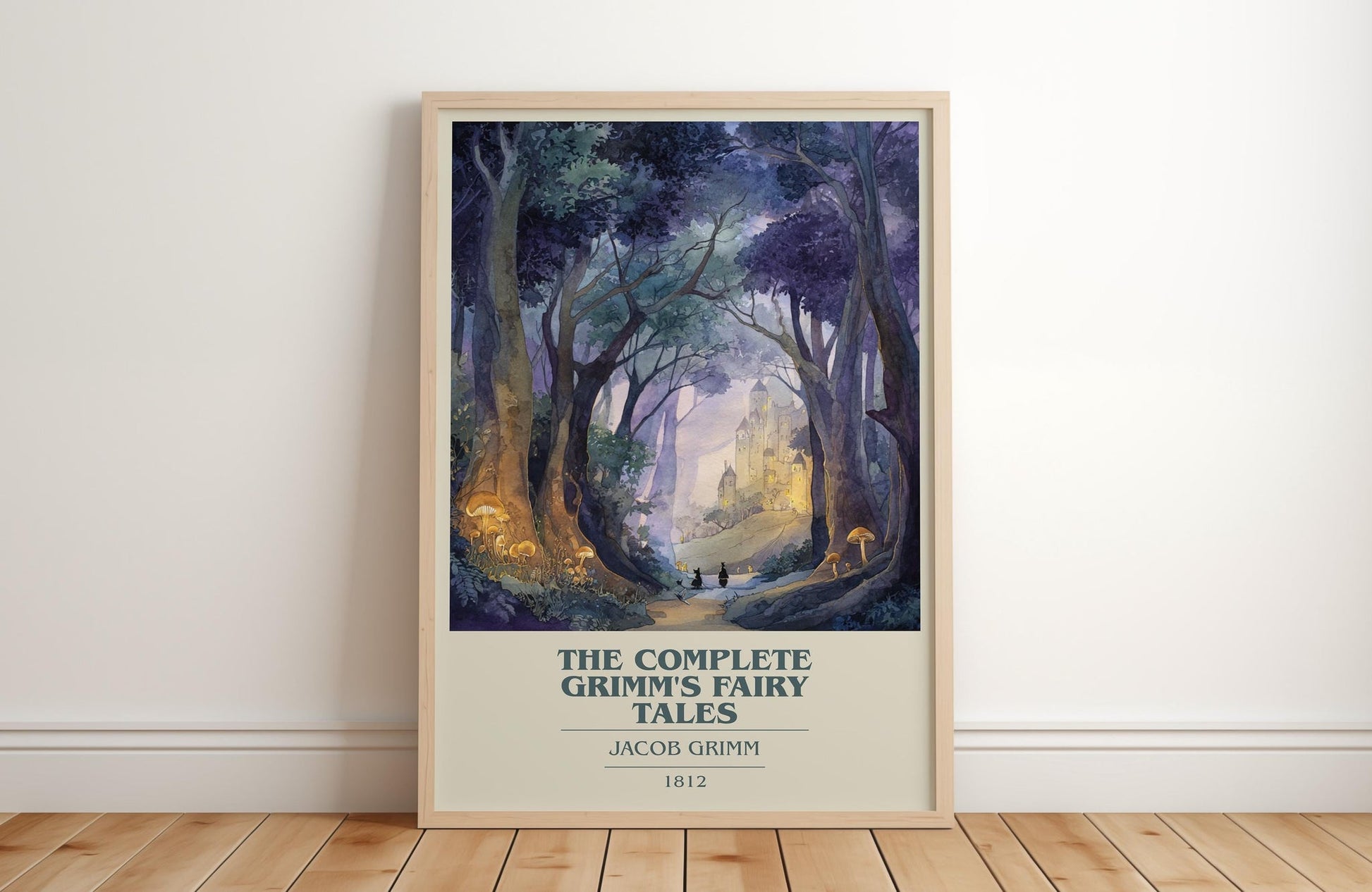 The Complete Grimm's Fairy Tales book cover print in frame leaning in hallway – classic literature wall art