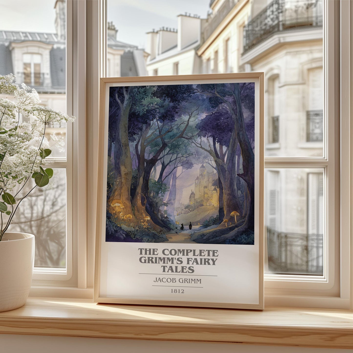 The Complete Grimm's Fairy Tales book cover print framed by window – literary home decor