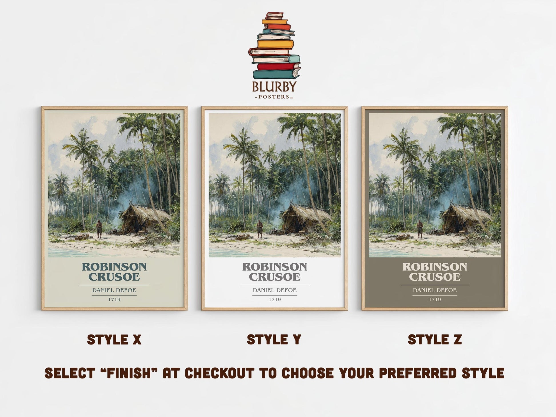Robinson Crusoe book cover poster colour and style options – Daniel Defoe book art