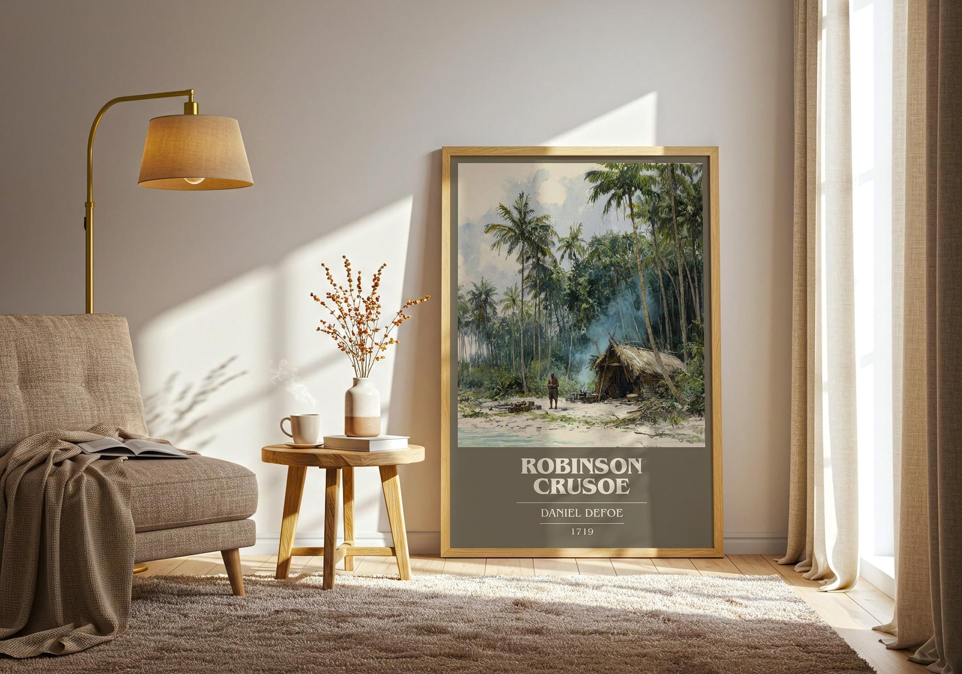 Robinson Crusoe book cover print on bookshelf – Daniel Defoe fan gift