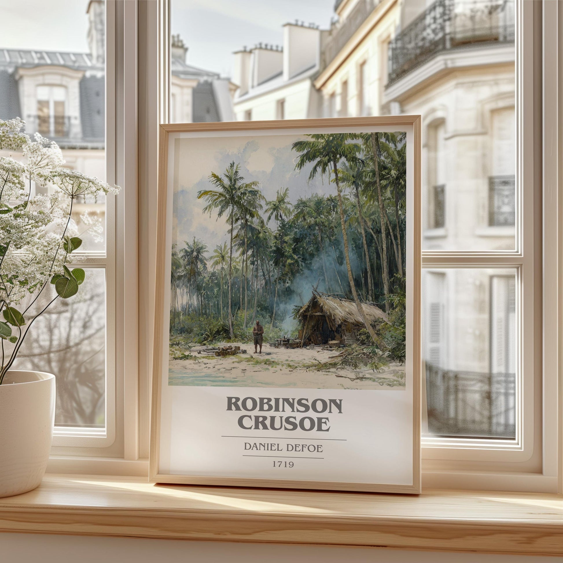 Robinson Crusoe book cover print framed by window – literary home decor