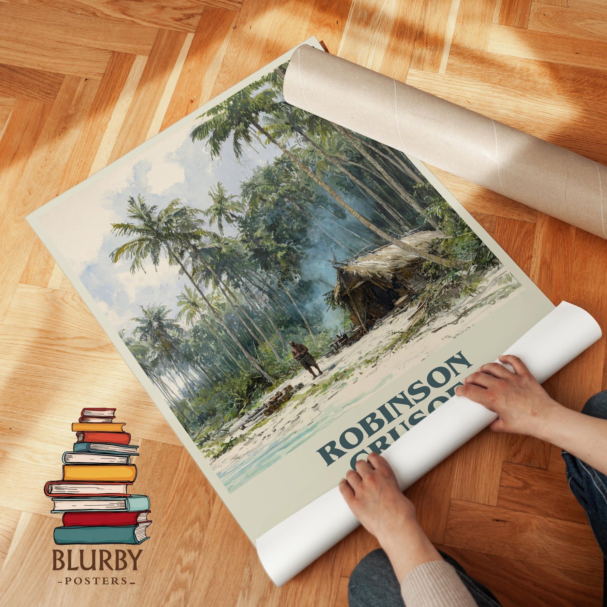 Robinson Crusoe book poster packaging – museum-quality print rolled in protective tube