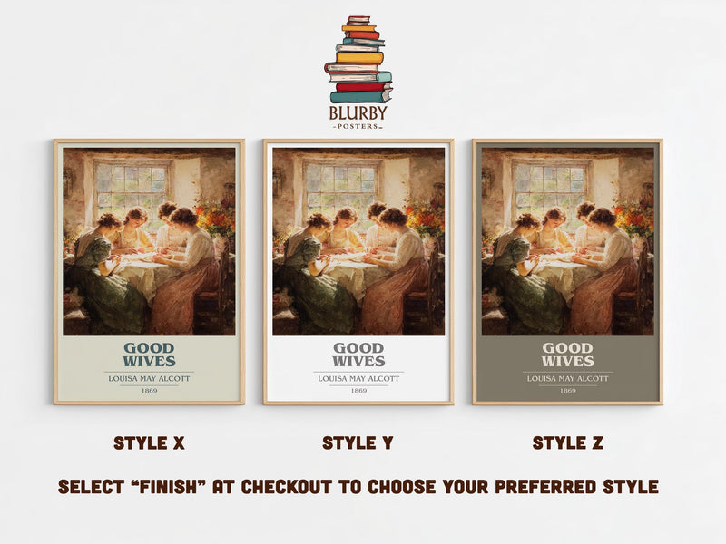 Good Wives book cover print in frame leaning in hallway – adventure wall art