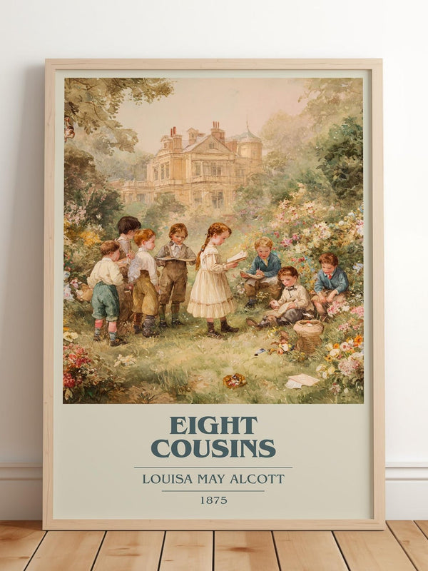 Eight Cousins book cover print in frame leaning in hallway – classic literature wall art