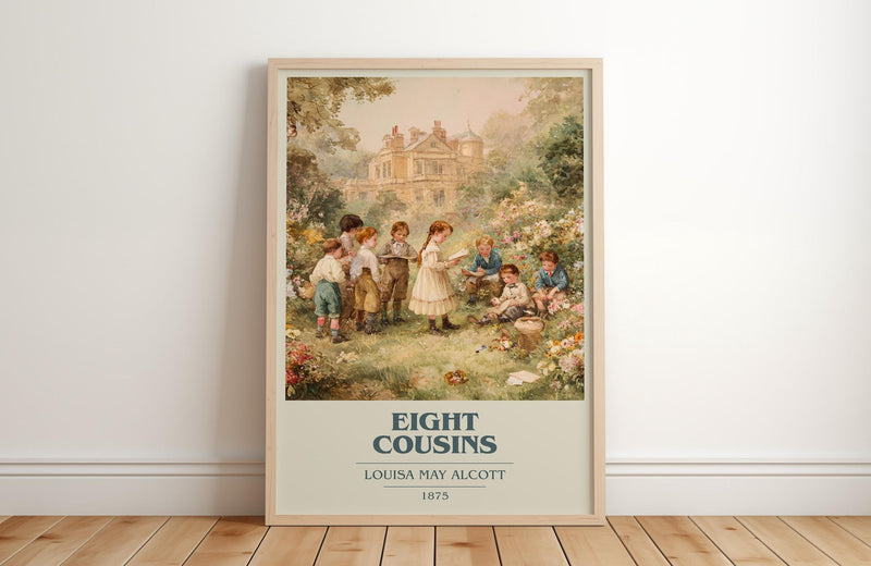 Eight Cousins book cover print in frame leaning in hallway – classic literature wall art