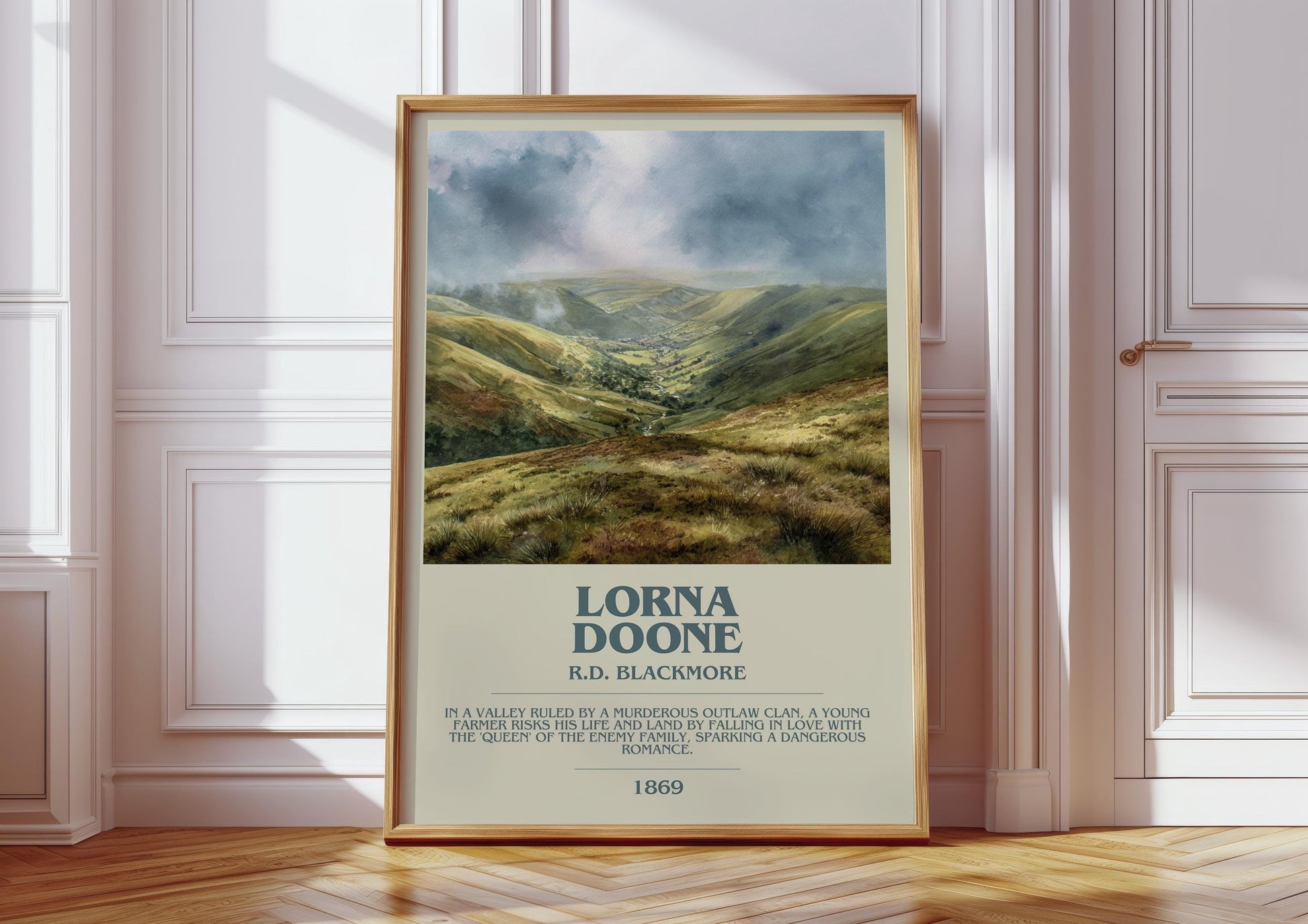 Lorna Doone bookish print in frame leaning in hallway – childrens wall art