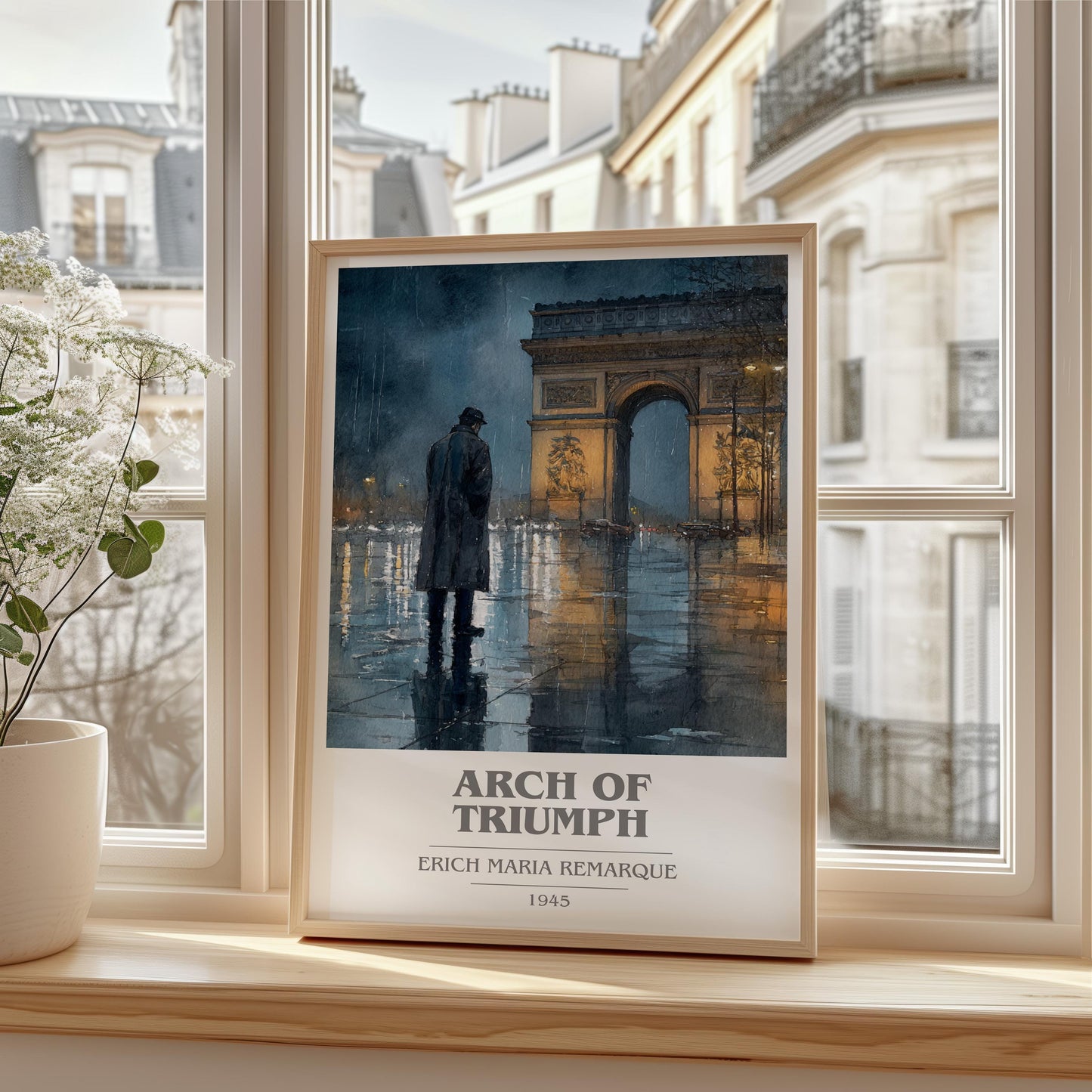 Arch Of Triumph book cover print framed by window – literary home decor