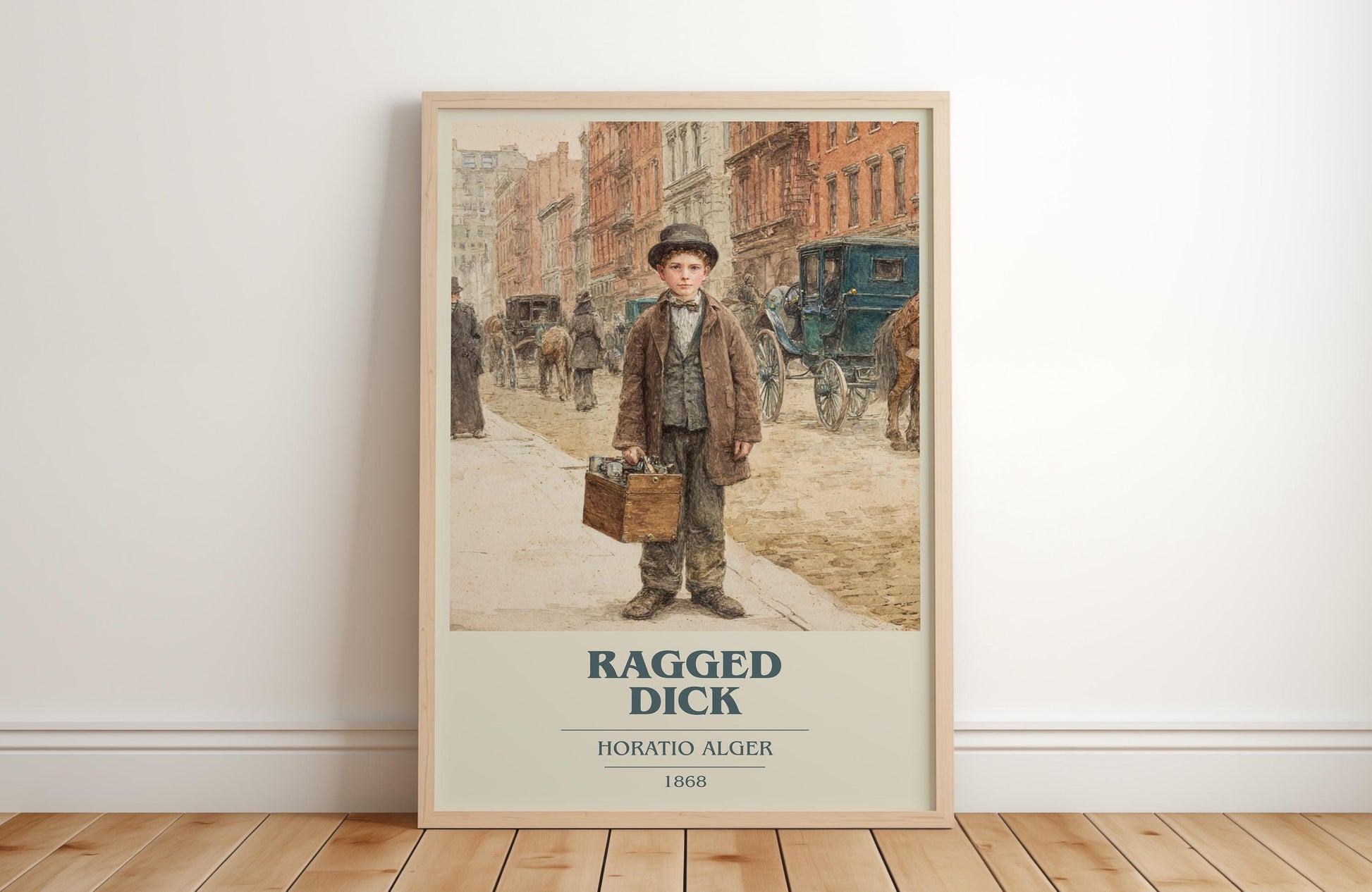 Ragged Dick book cover print in frame leaning in hallway – historical fiction wall art