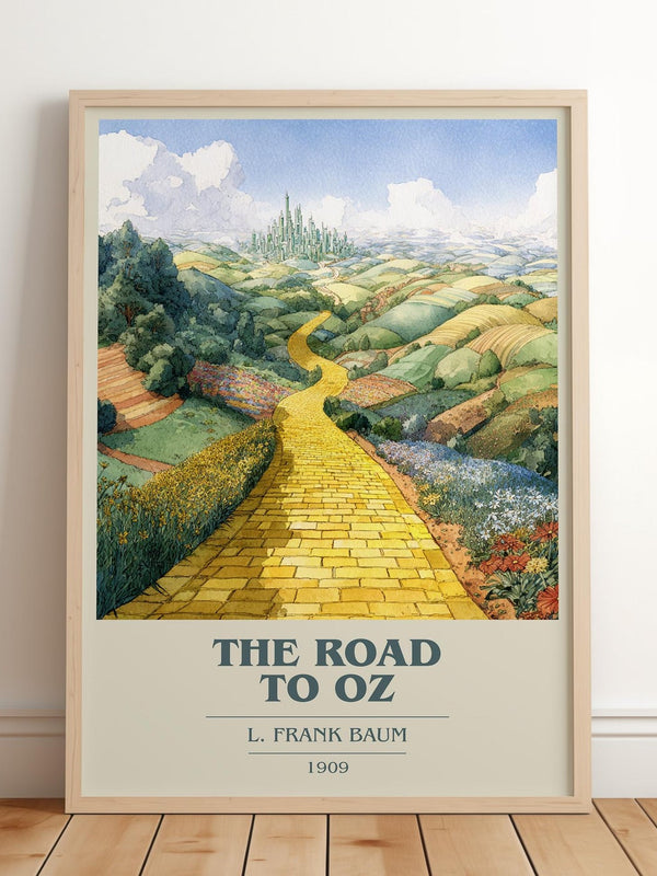 The Road to Oz book cover print in frame leaning in hallway – childrens wall art