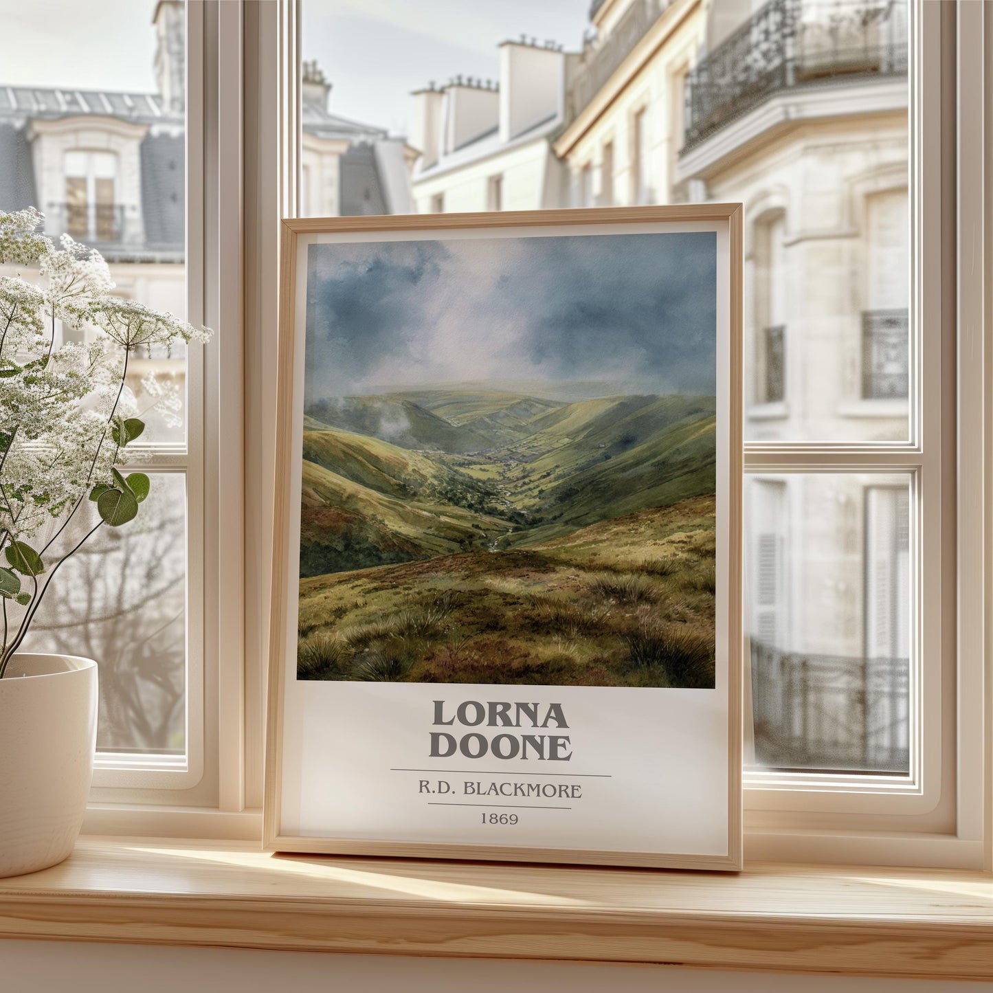 Lorna Doone book cover print framed by window – literary home decor
