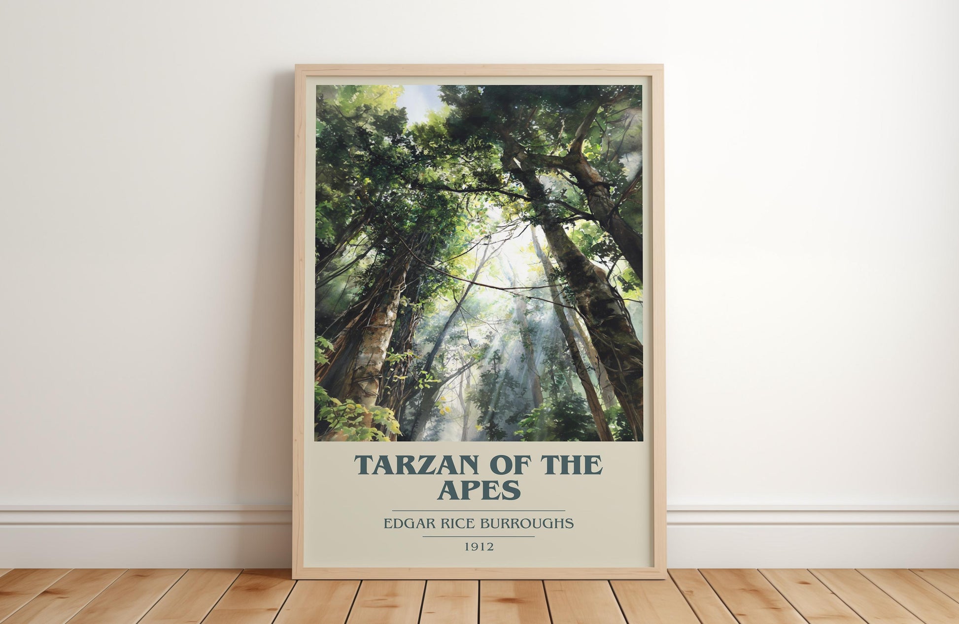 Tarzan of the Apes book cover print in frame leaning in hallway – adventure wall art