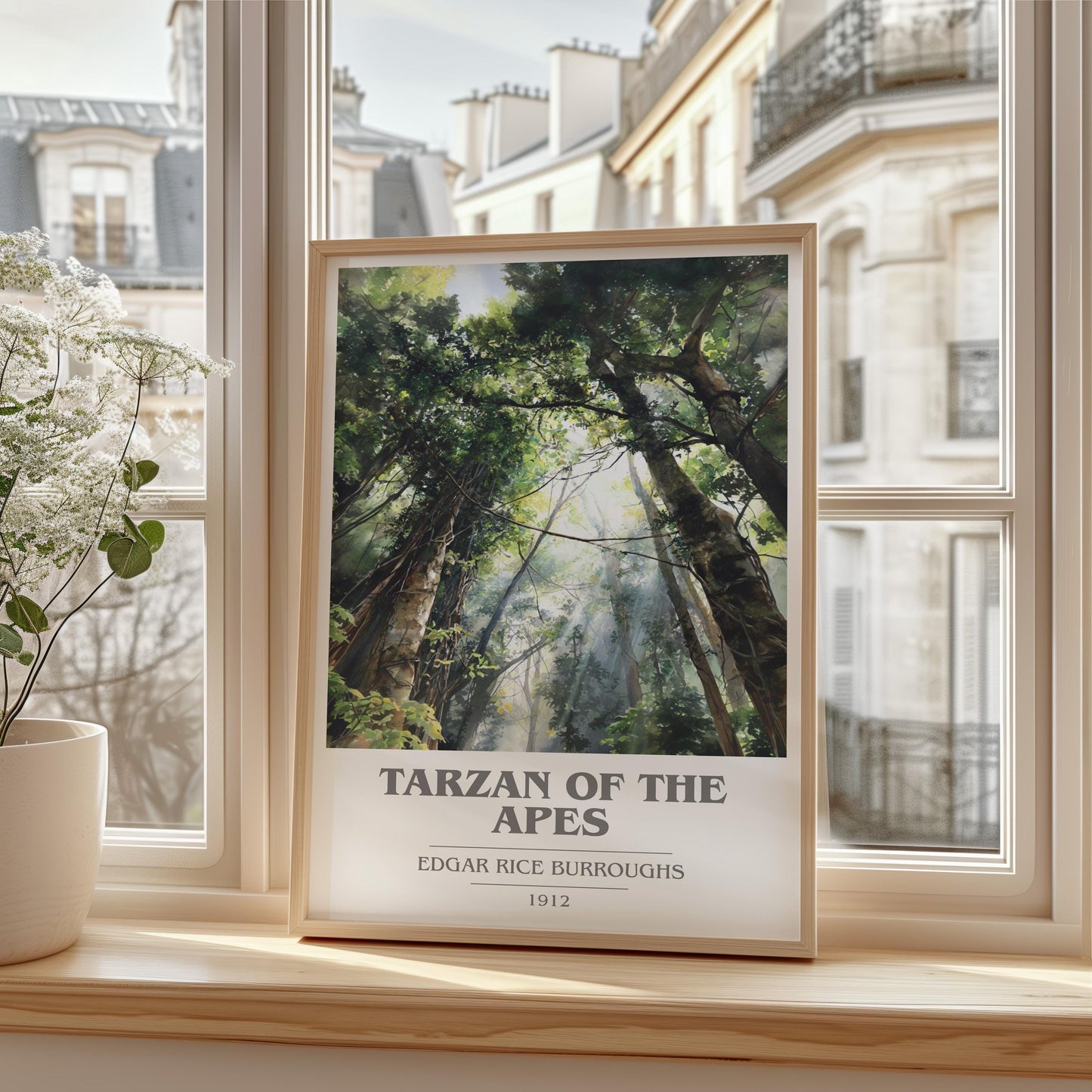Tarzan of the Apes book cover print framed by window – literary home decor