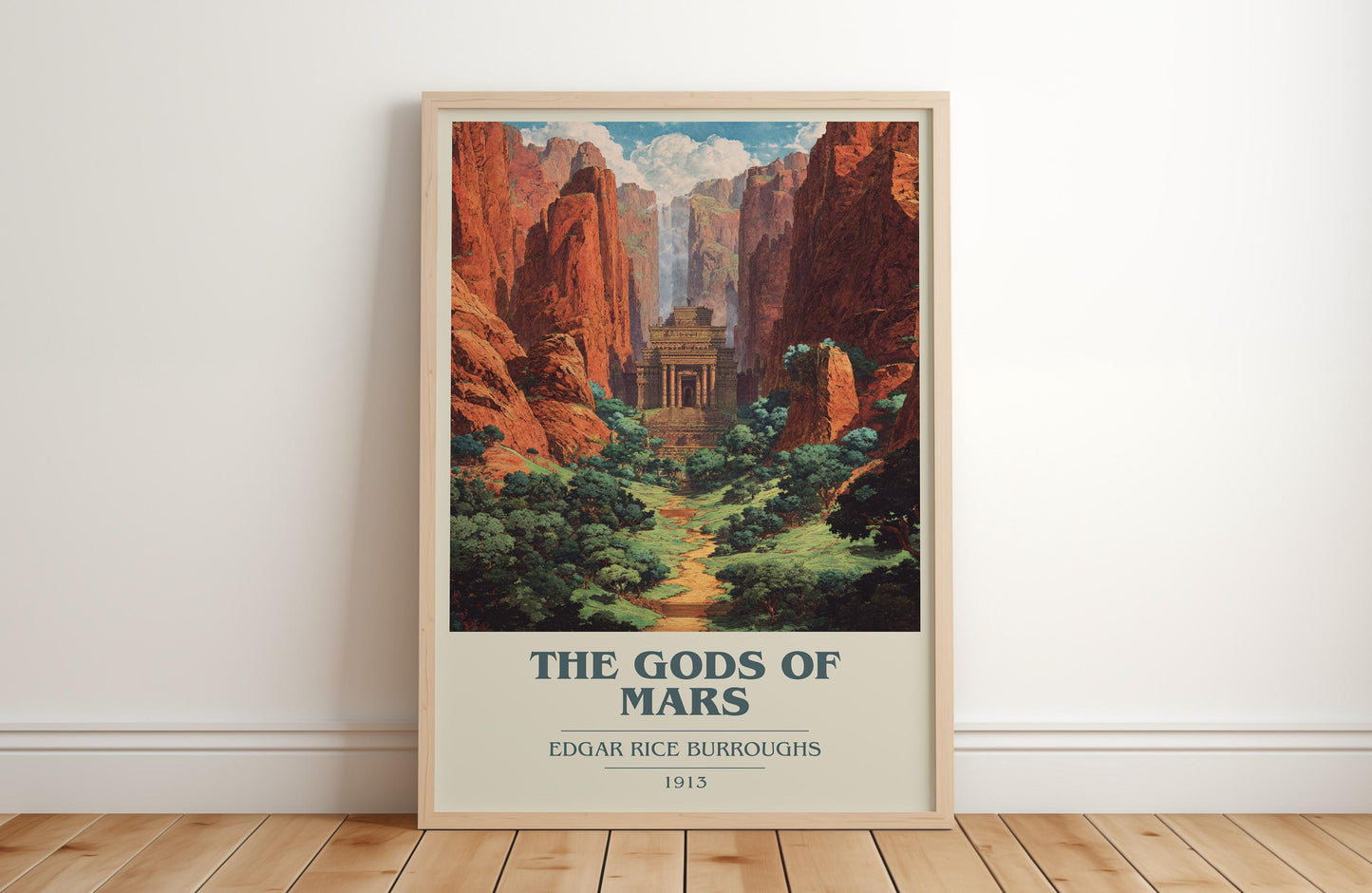 Gods of Mars book cover print in frame leaning in hallway – adventure wall art
