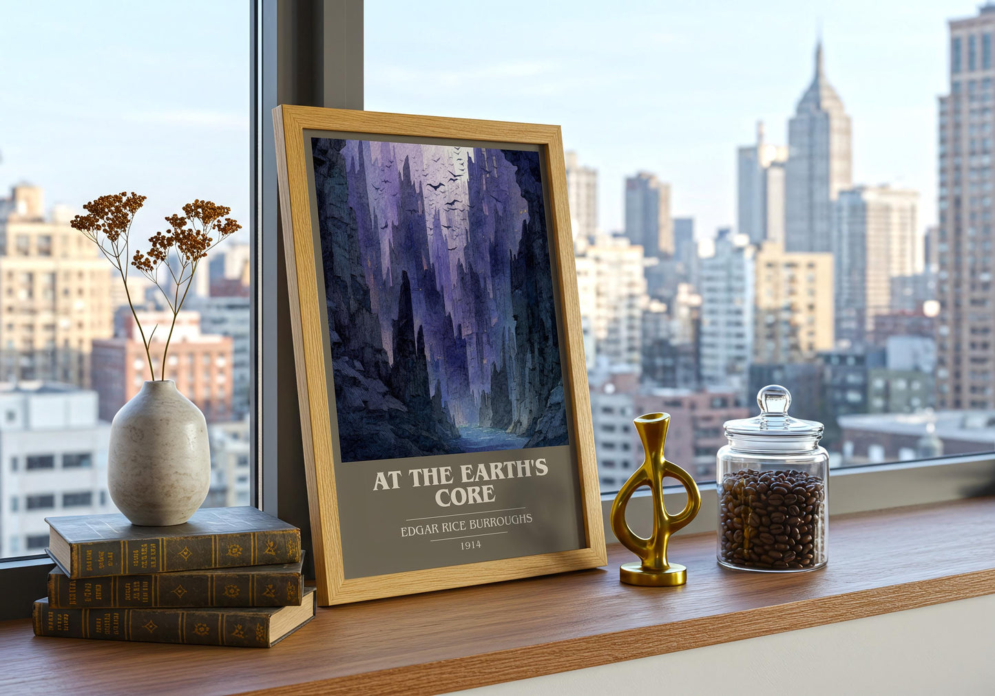 At The Earth's Core book cover print framed by window – literary home decor
