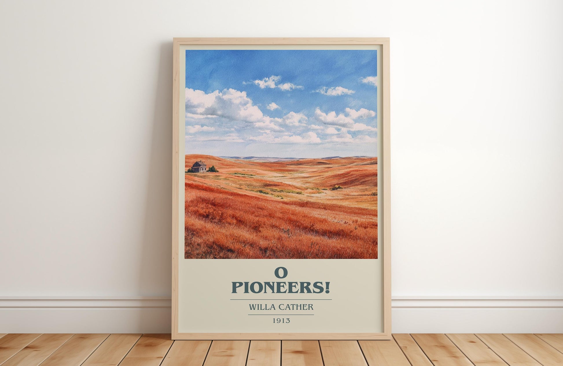 O Pioneers! book cover print in frame leaning in hallway – poetry wall art