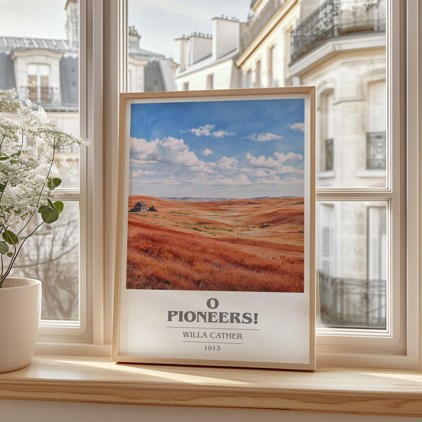 O Pioneers! book cover print framed by window – literary home decor