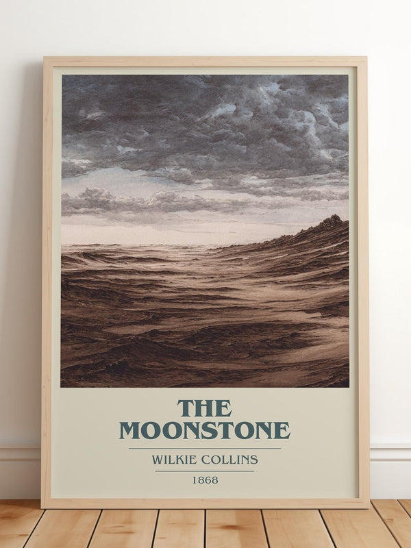 The Moonstone book cover print in frame leaning in hallway – mystery wall art