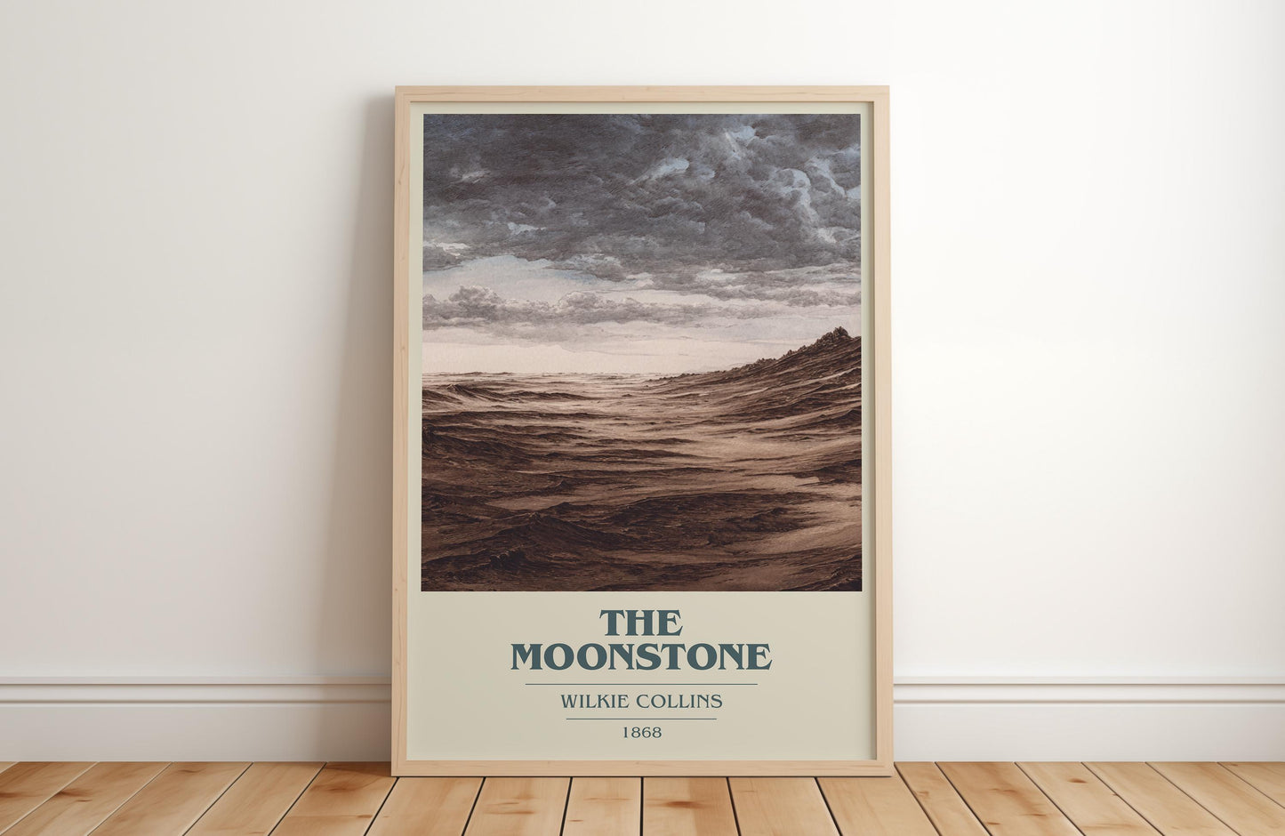 The Moonstone book cover print in frame leaning in hallway – mystery wall art