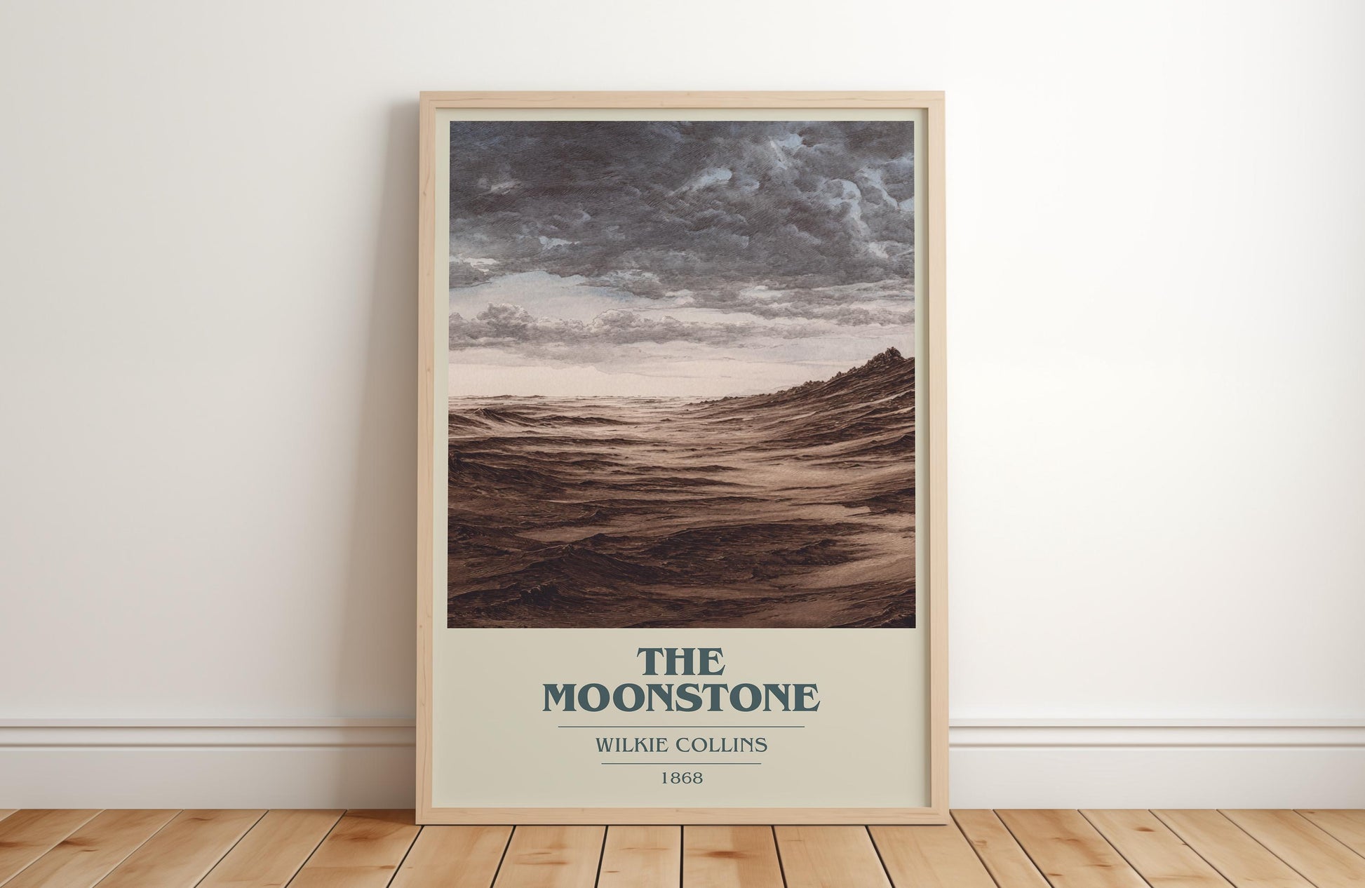The Moonstone book cover print in frame leaning in hallway – mystery wall art