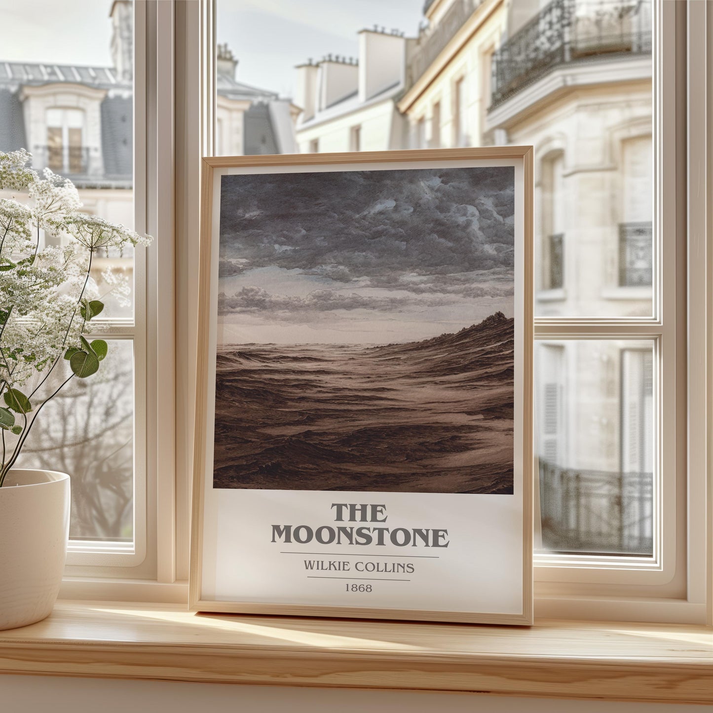 The Moonstone book cover print framed by window – literary home decor