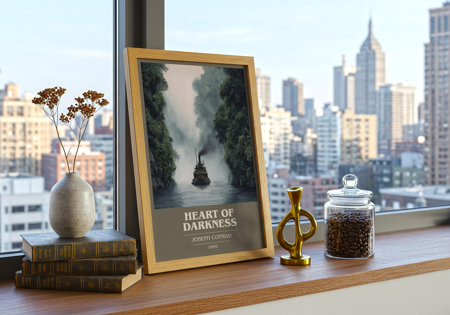 Heart of Darkness book cover print framed by window – literary home decor
