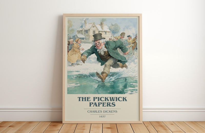 The Pickwick Papers book cover print in frame leaning in hallway – classic literature wall art