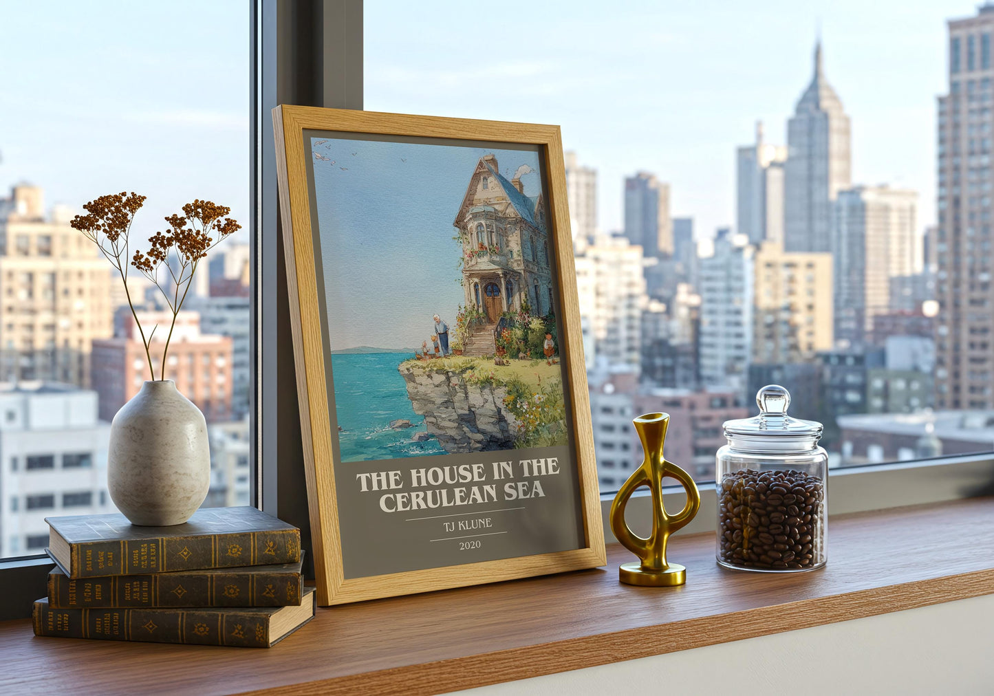 The House in the Cerulean Sea book cover print framed by window – literary home decor