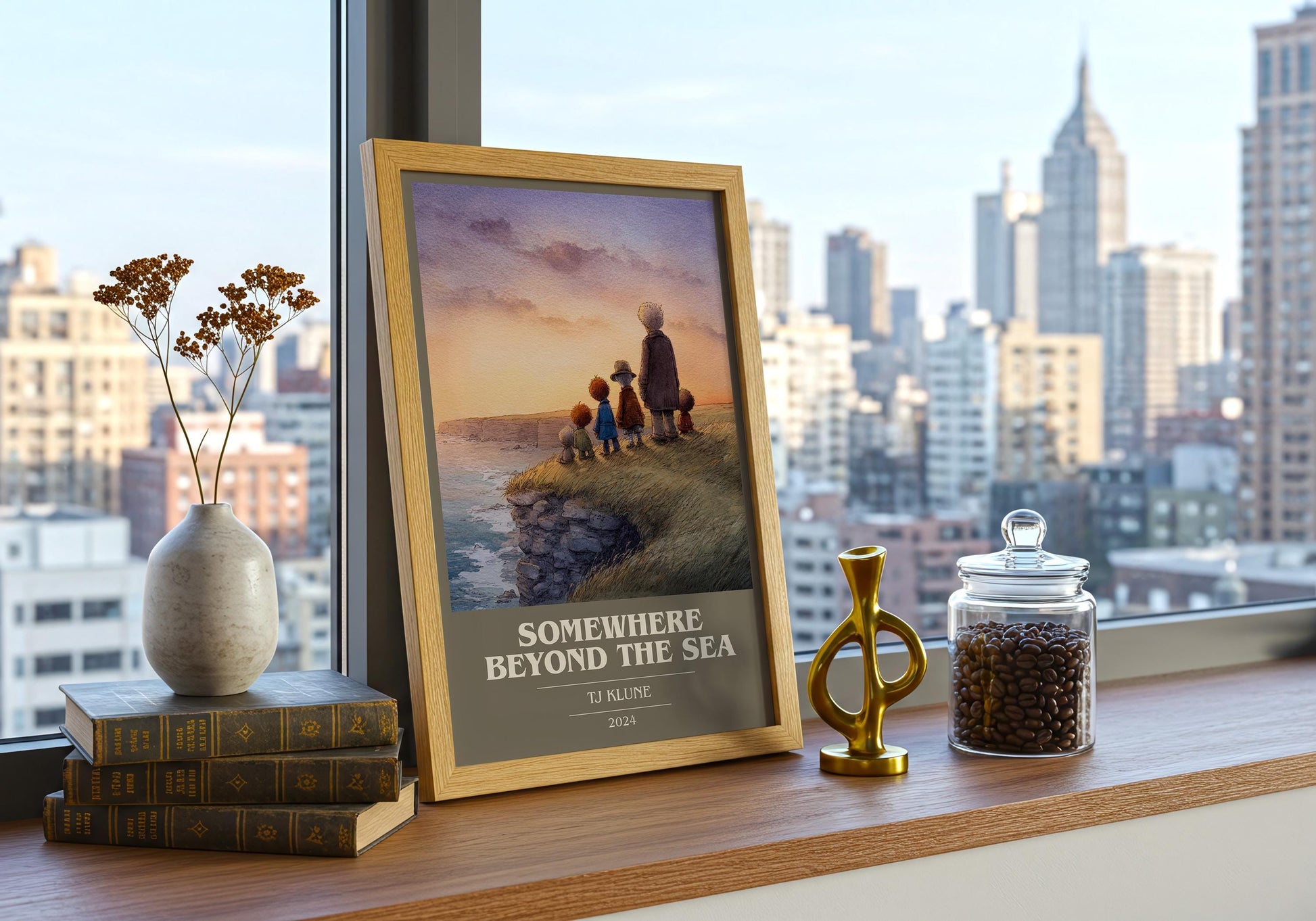 Somewhere Beyond the Sea book cover print framed by window – literary home decor
