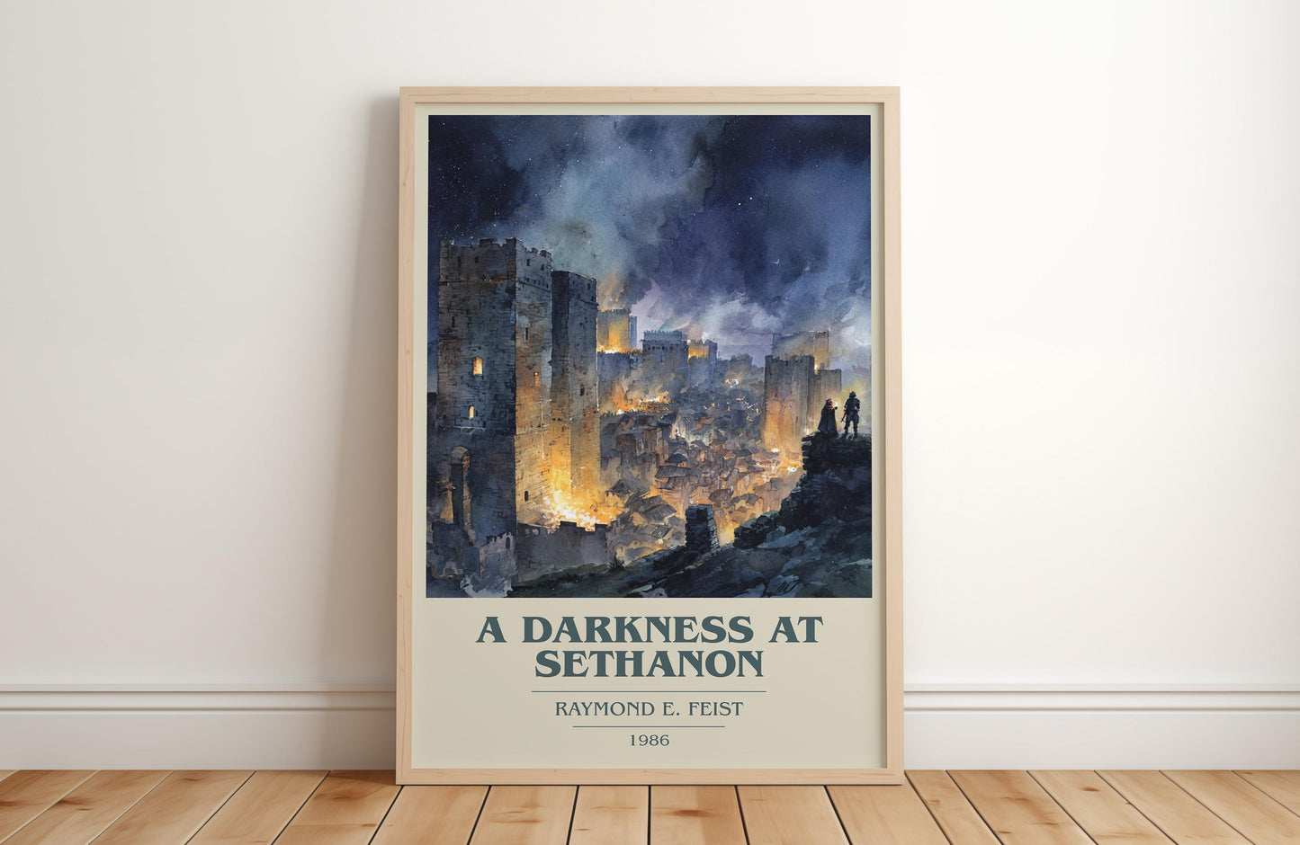 A Darkness at Sethanon book cover print in frame leaning in hallway – fantasy wall art