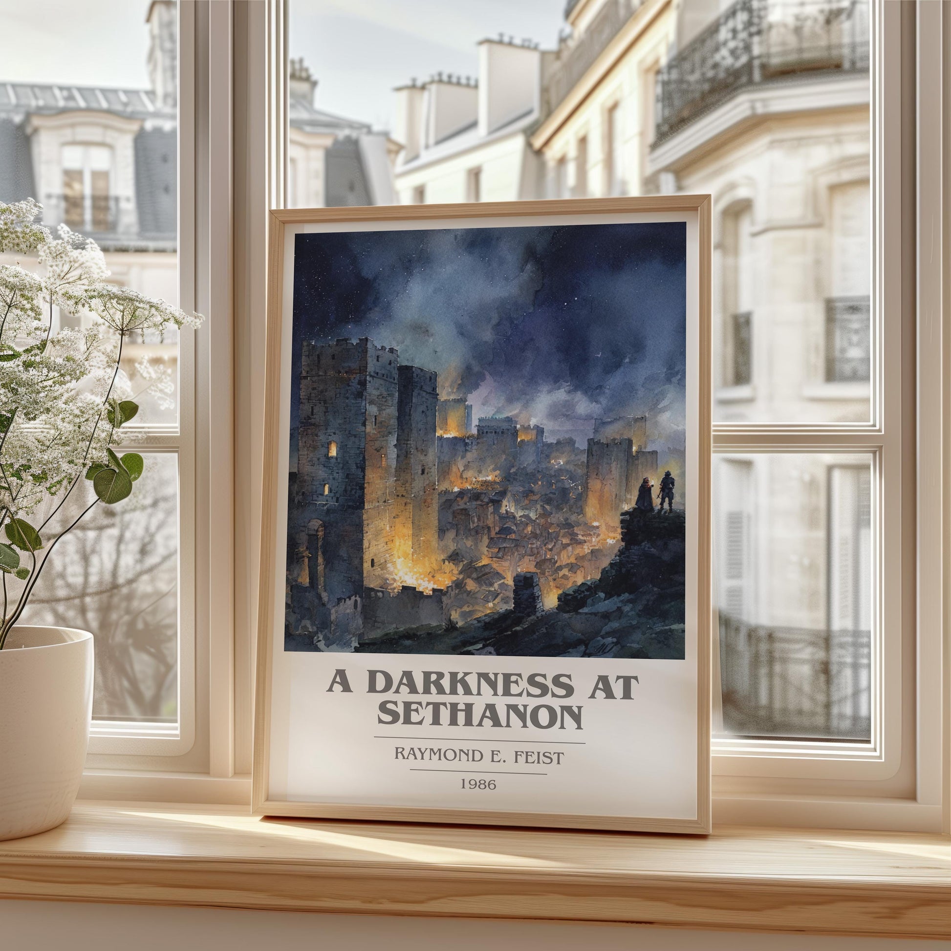 A Darkness at Sethanon book cover print framed by window – literary home decor