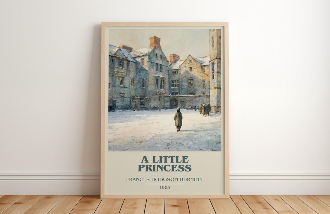 A Little Princess book cover print in frame leaning in hallway – classic literature wall art (mockup)