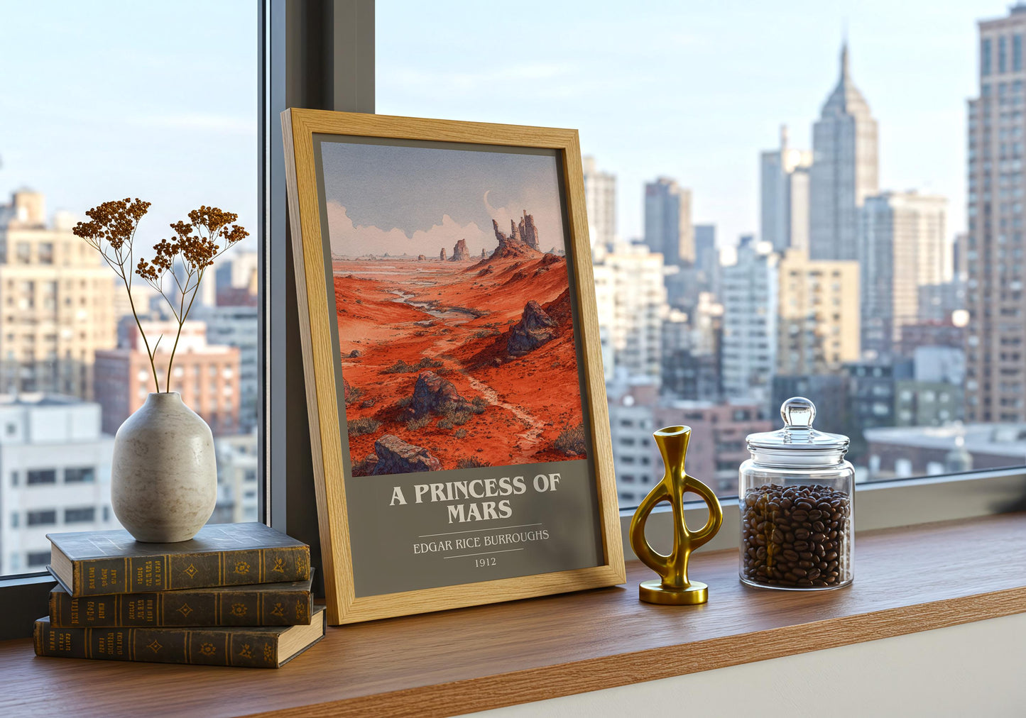 A Princess Of Mars book cover print on bookshelf – Edgar Rice Burroughs fan gift