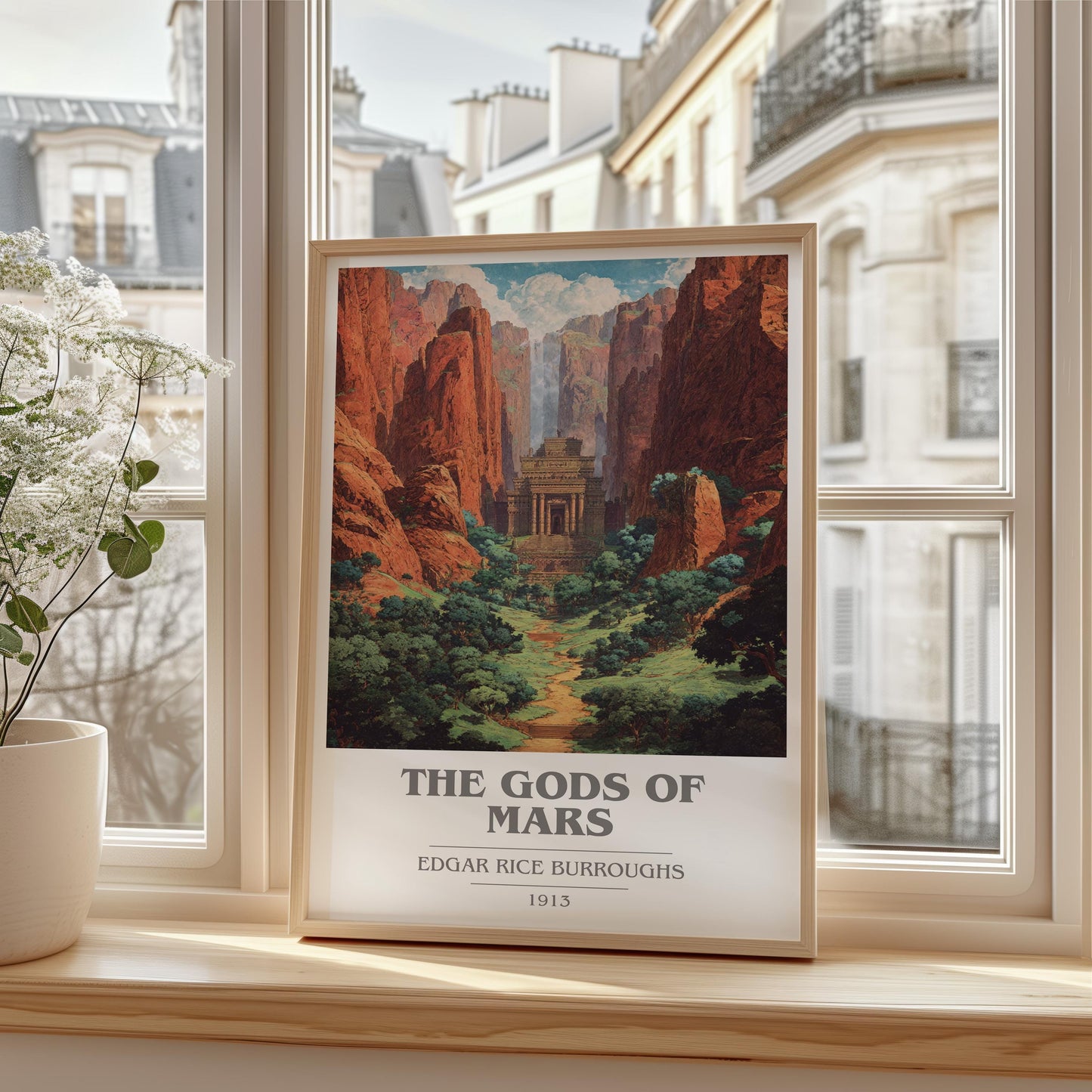 Gods of Mars book cover print framed by window – literary home decor