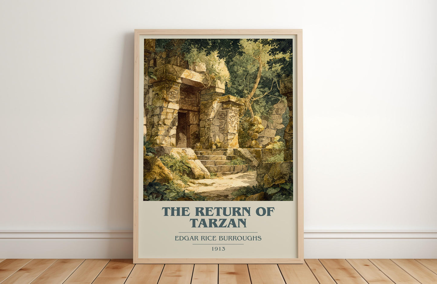 The Return Of Tarzan book cover print in frame leaning in hallway – adventure wall art