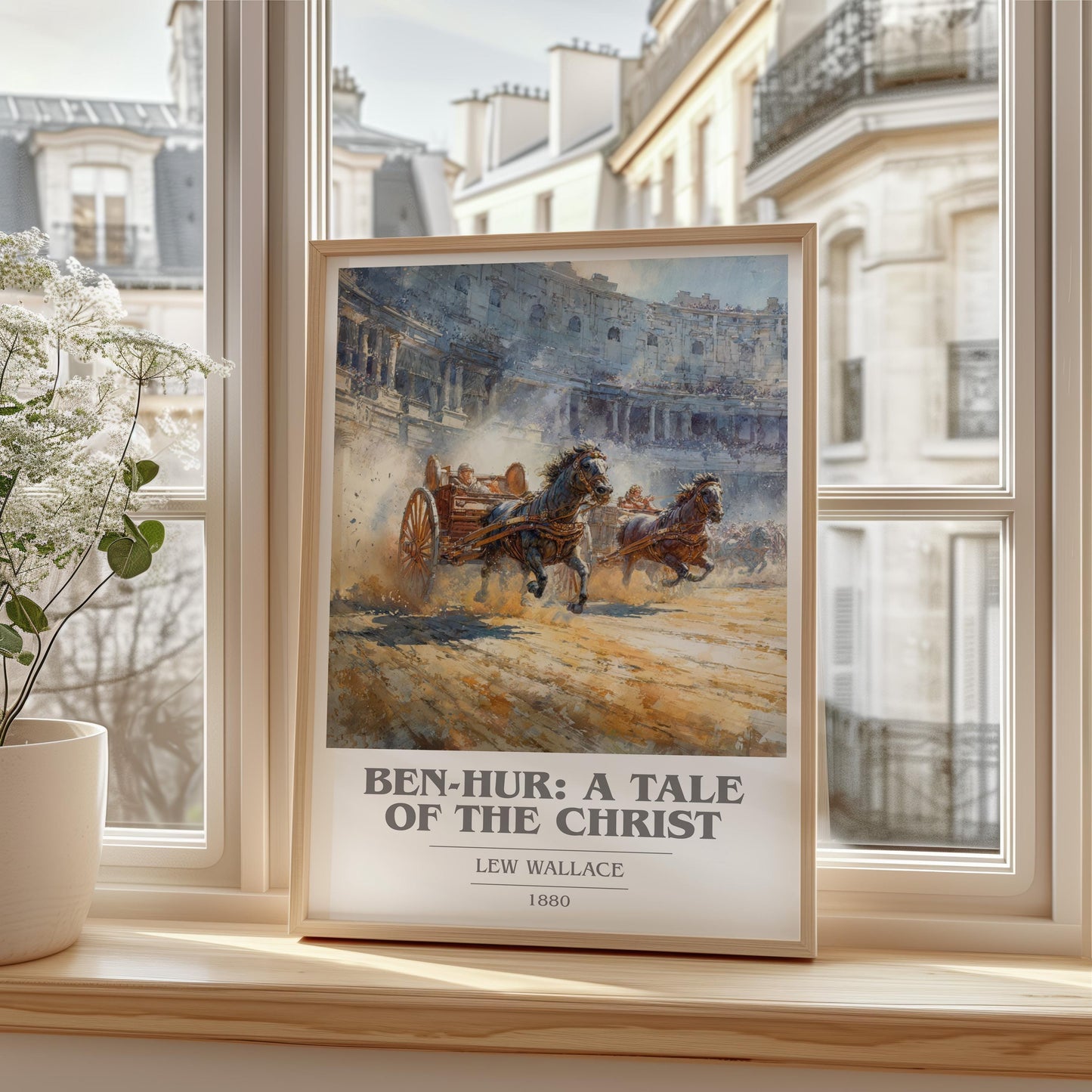 Ben-Hur, a Tale of the Christ book cover print framed by window – literary home decor